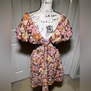 Pink floral off the shoulder cut out lined dress with adjustable waist size L